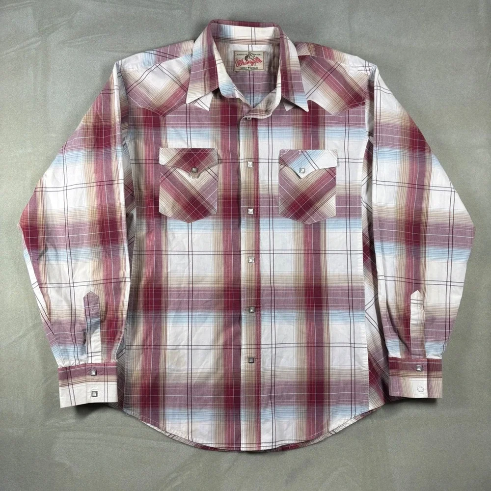Wrangler American Cowboys Mens Plaid Western Pearl Snap Shirt Burgundy Tan XL - Picture 1 of 5